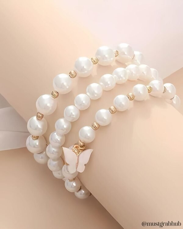Korean Butterfly Pearl Bracelet Combo (Set of 3) - Image 2
